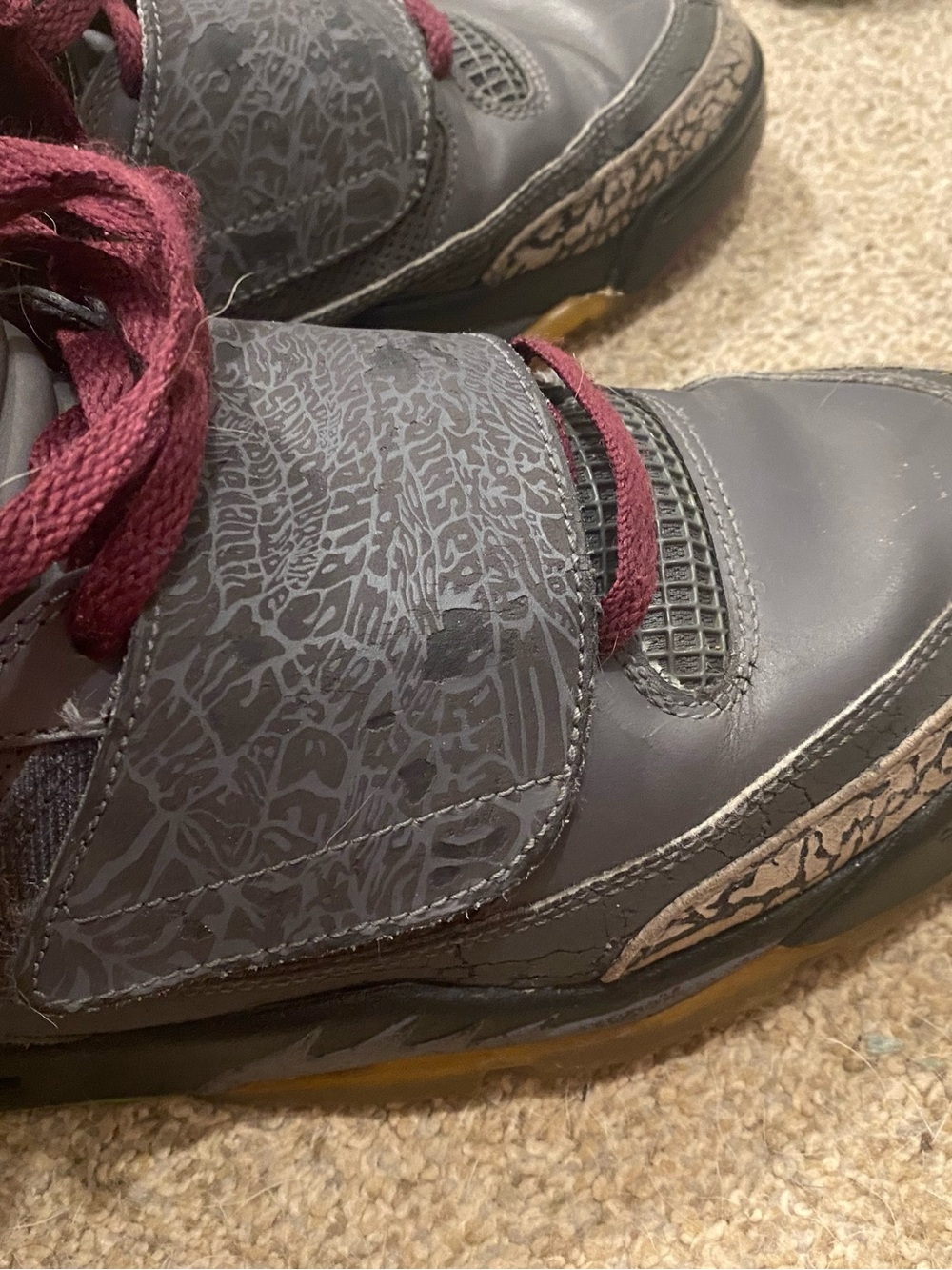 Jordan 2012’s Burgundy and Gray High-Top Sneakers with yellow and teal Accents. - Picture 4 of 11